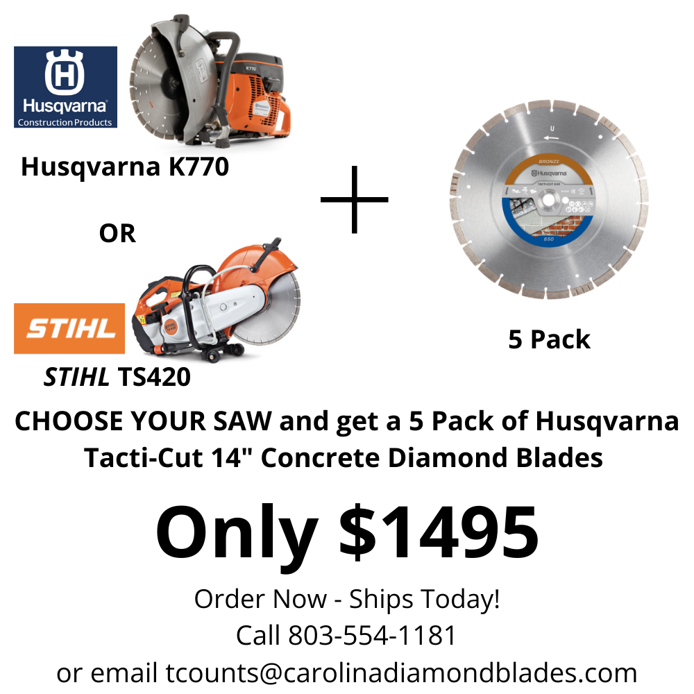 Husqvarna K770 or Stihl TS420 concrete saw with 5-pack of Tacti-Cut S50 diamond blades package deal