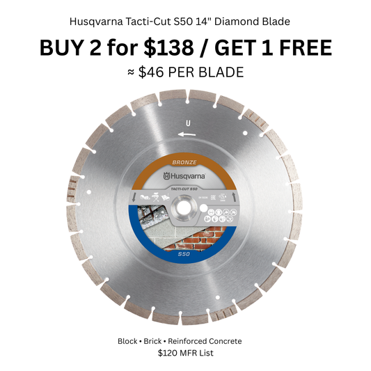 Husqvarna Tacti-Cut S50 14 inch diamond concrete blade buy 2 get 1 free deal for block brick and reinforced concrete cutting